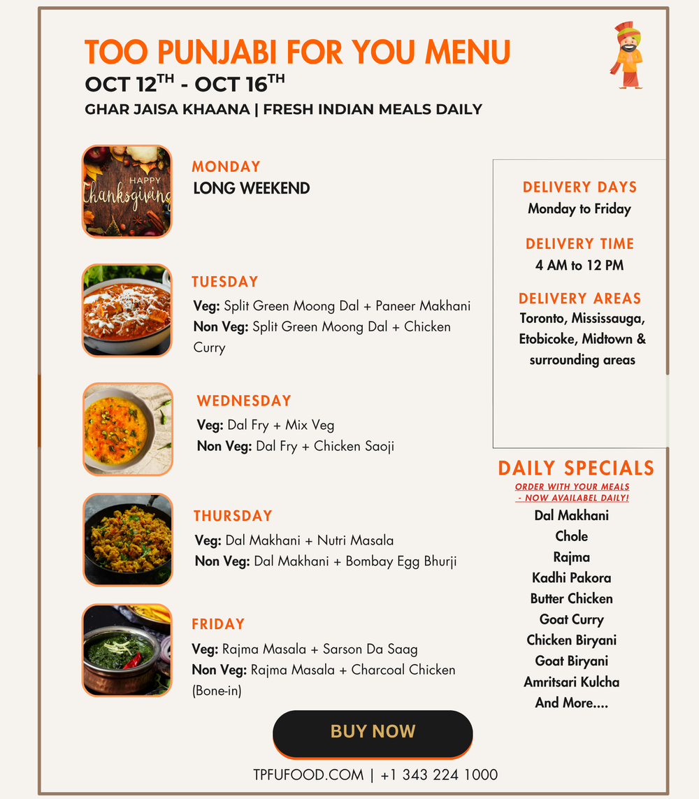 Indian Tiffin Options menu image; check the printed dates